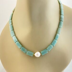 Amazonite and White Baroque Pearl Necklace: BoHo, 18 1/2" Long